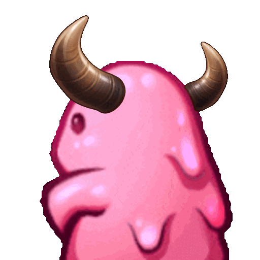 Glossy pink GOONBULL mascot with curved brown bull horns